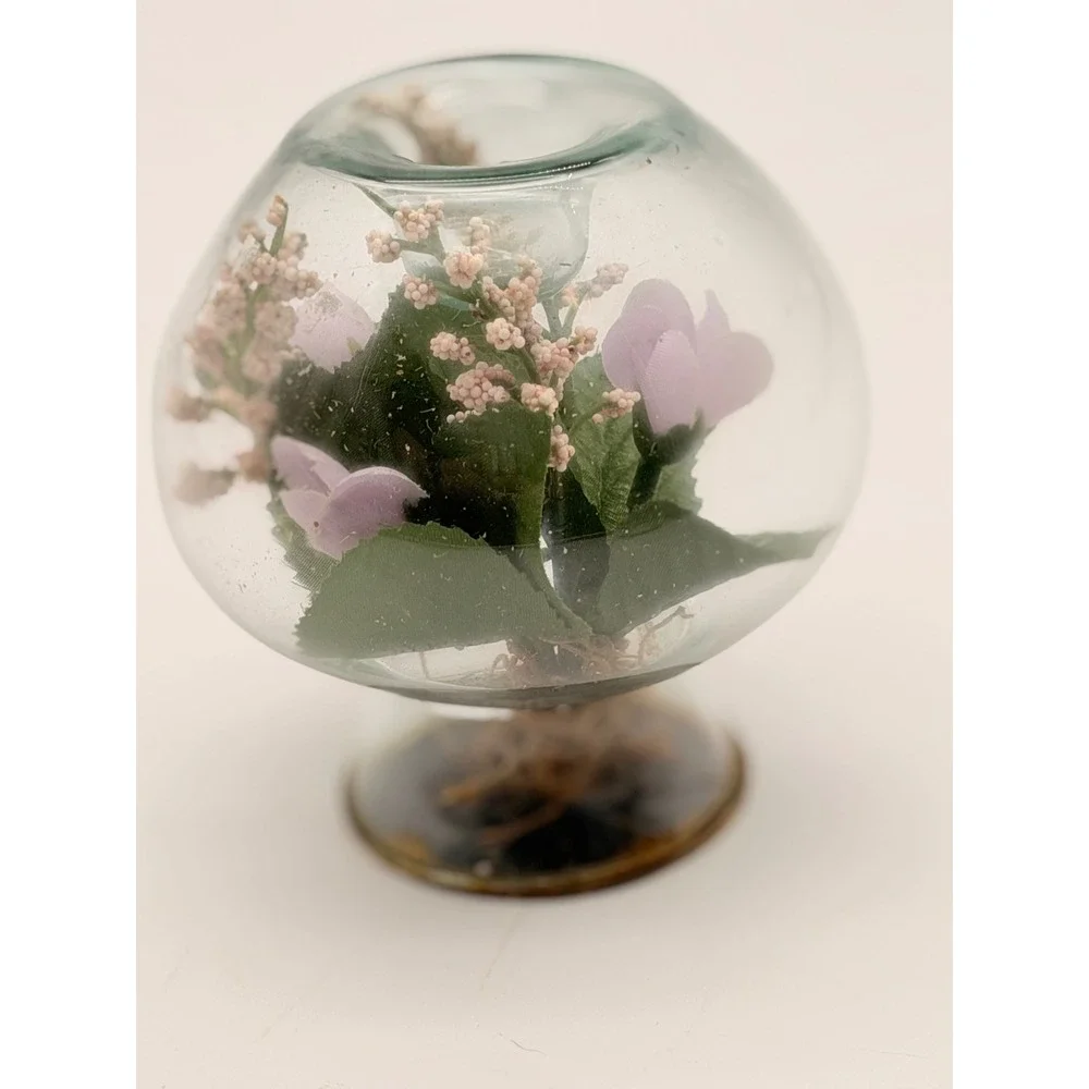 Vintage Glass Terrarium Votive Candle Holder Purple Faux Flowers Pedestal Globe